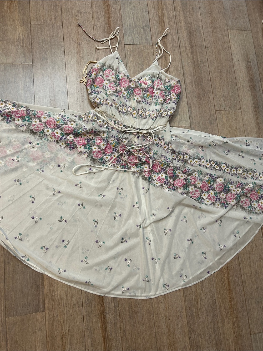 VTG Floral Spaghetti Strap Summer pool patio Dress - Cream with Pink Roses sheer